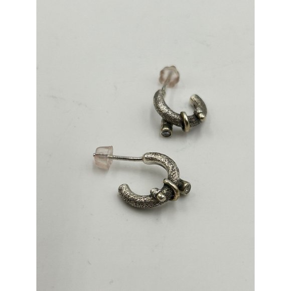 Tiny Half Hoop Earrings Sterling Silver Gold Wash Accents & CZ Stones Pierced - Picture 5 of 7